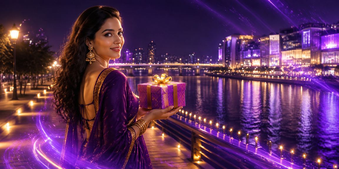 Diwali festival ambient neon lights stream over riverfront in Ahmedabad