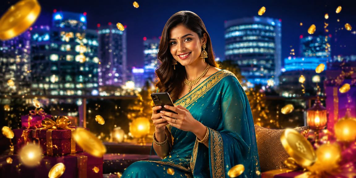 Woman in traditional wear enjoying casino gaming on a mobile device