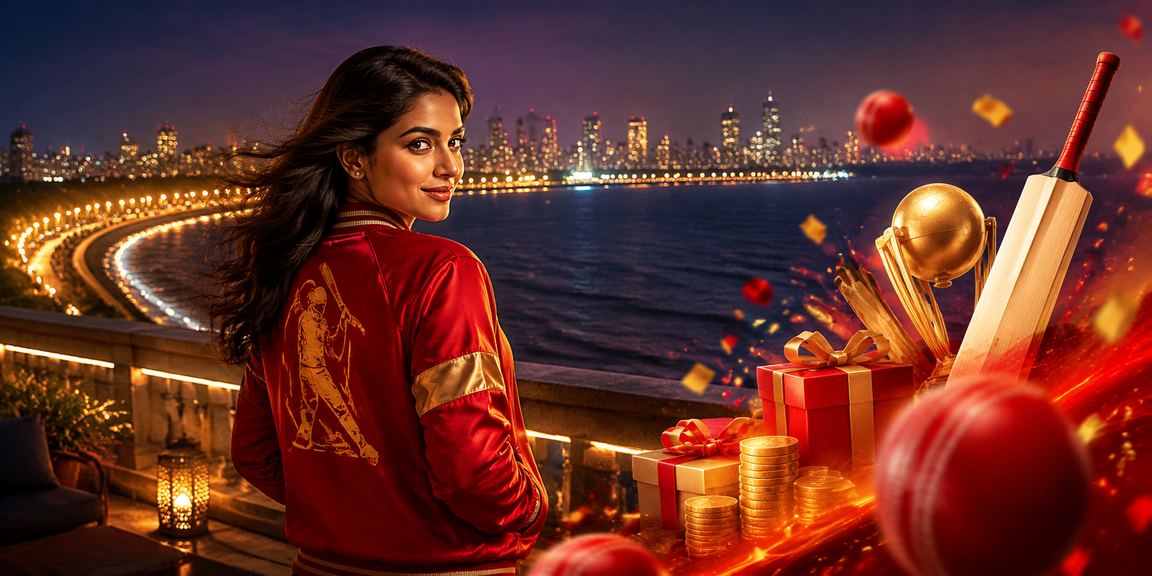 Mumbai Marine Drive background with cricket betting theme in red and gold